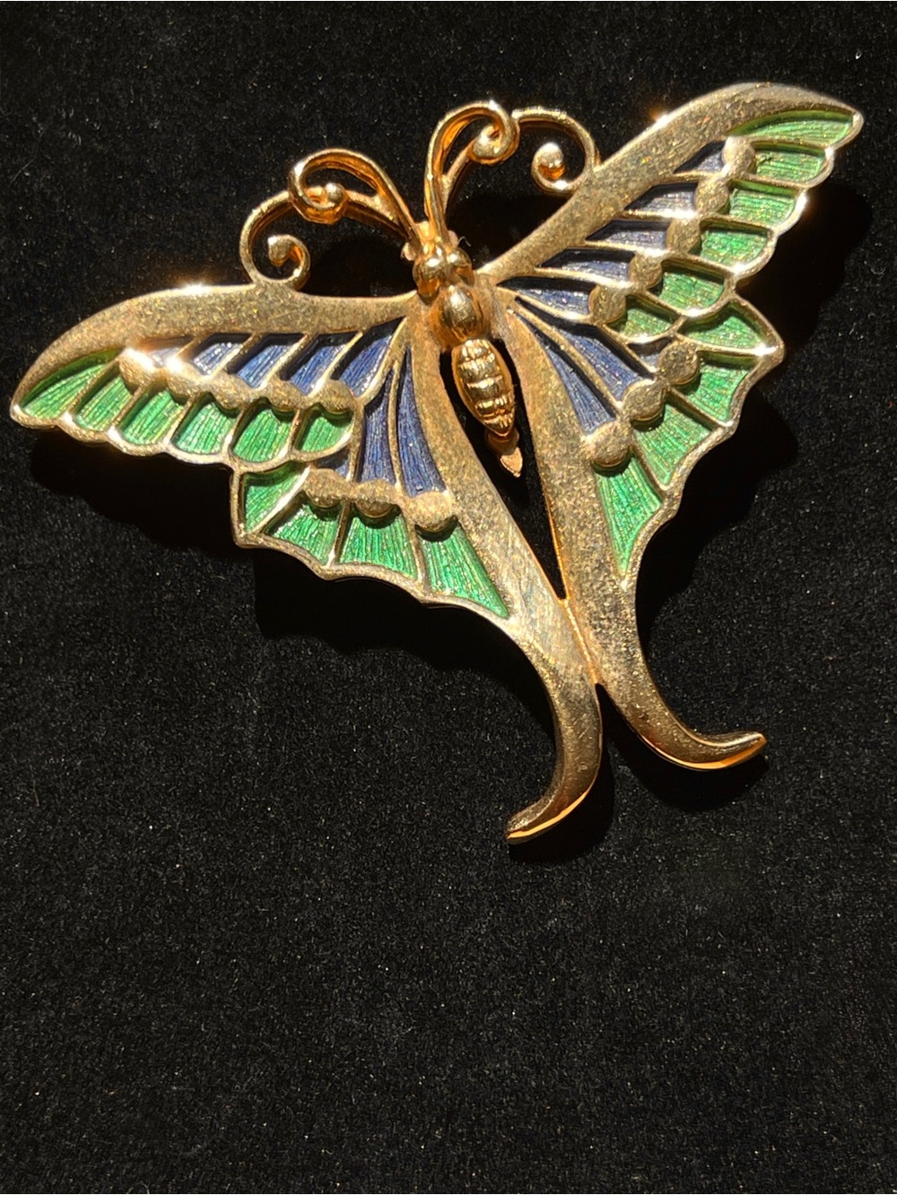 Vintage Signed Napier Gold Tone Lunar Moth Brooch with Blue and Green Enamel